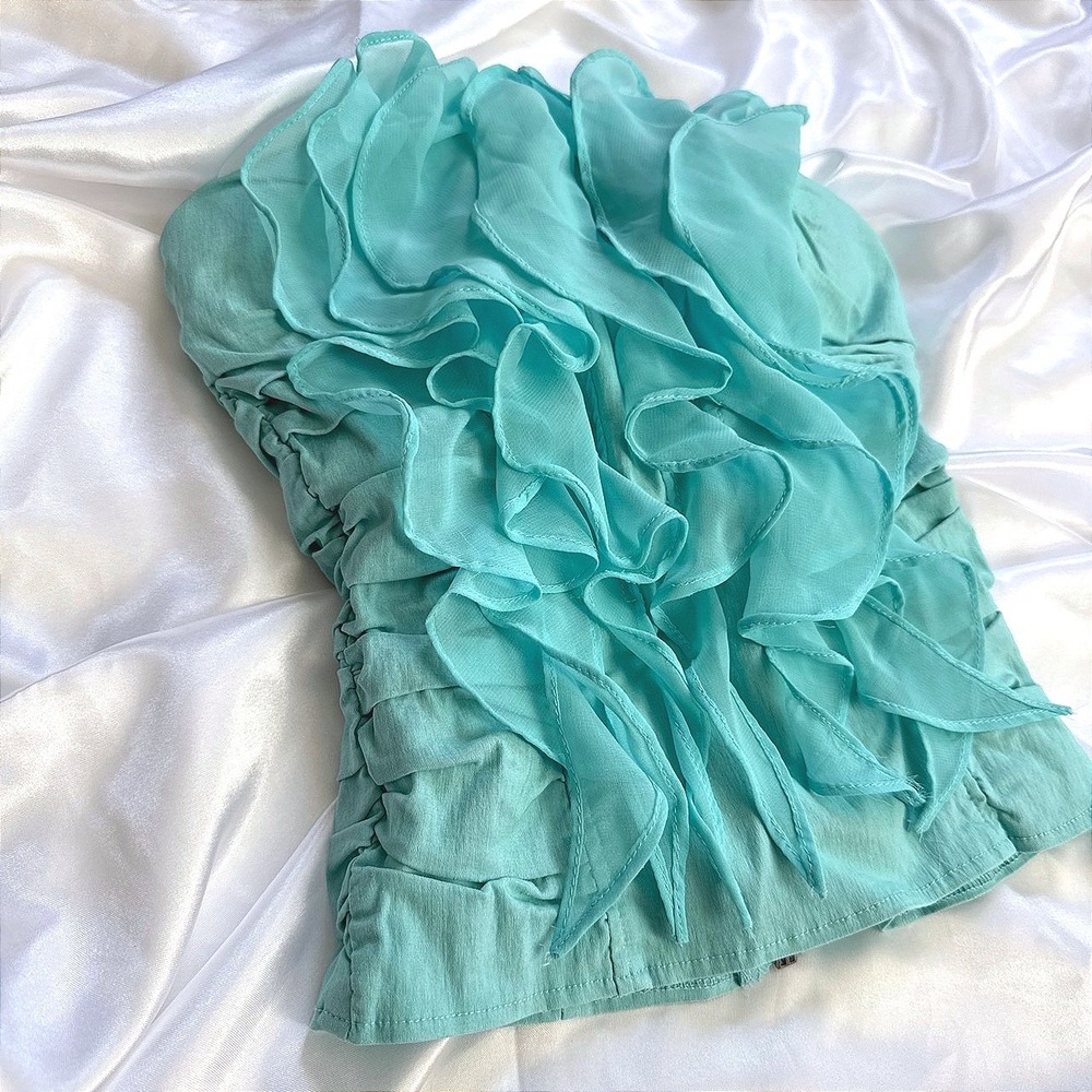 Body Central Aqua Turquoise Ruffle Strapless Corset Top Ruched Zip Back Small